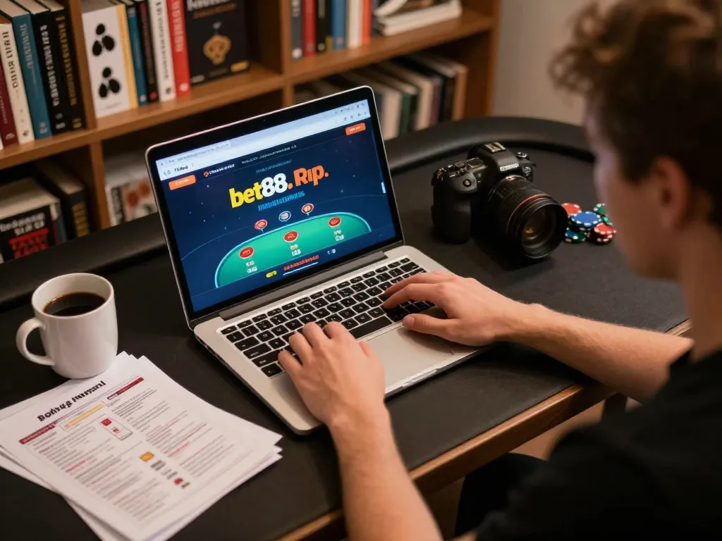 Player engaging with online poker at https://bet88.company/, showcasing a comfortable and strategic gaming setup.