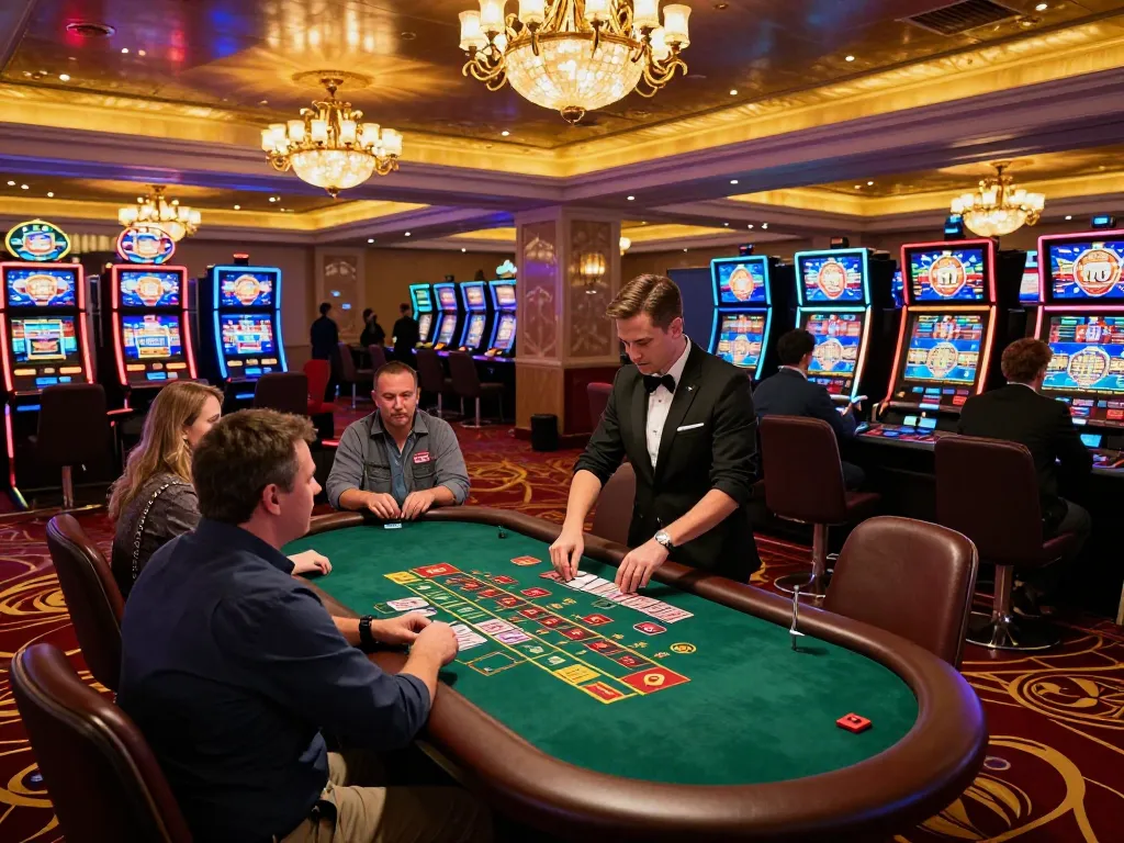 Gambling scene with players enjoying blackjack at a casino featuring gk88, dealer shuffling cards amidst vibrant lights.