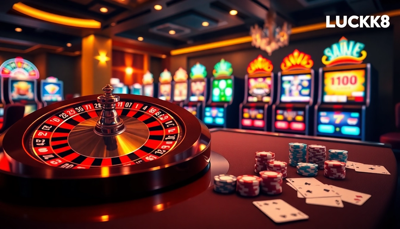 Engaging scene showcasing trang chủ LUCK8 with online casino elements, including vibrant slots and roulette.