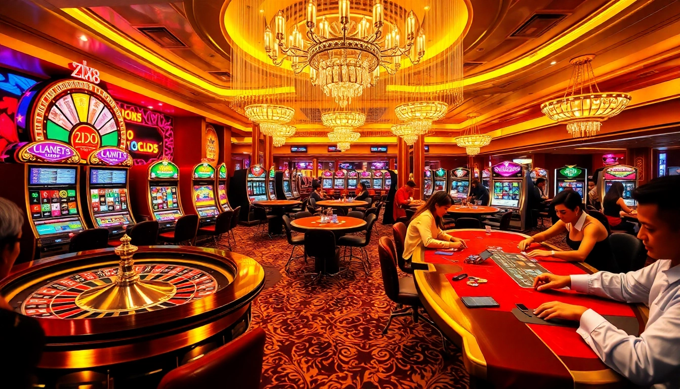 Engaging casino scene with the excitement of gambling at https://zx88.buzz/ featuring roulette, slots, and poker tables.
