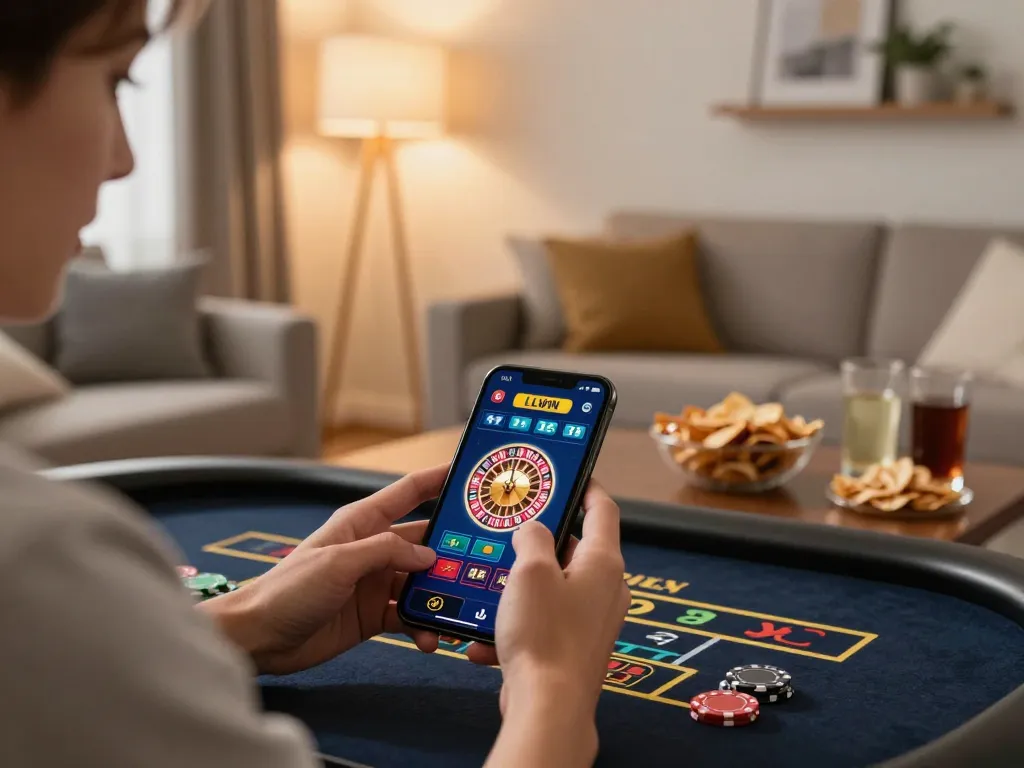 Engaged player enjoying LLWIN online roulette game on phone in cozy home setting.