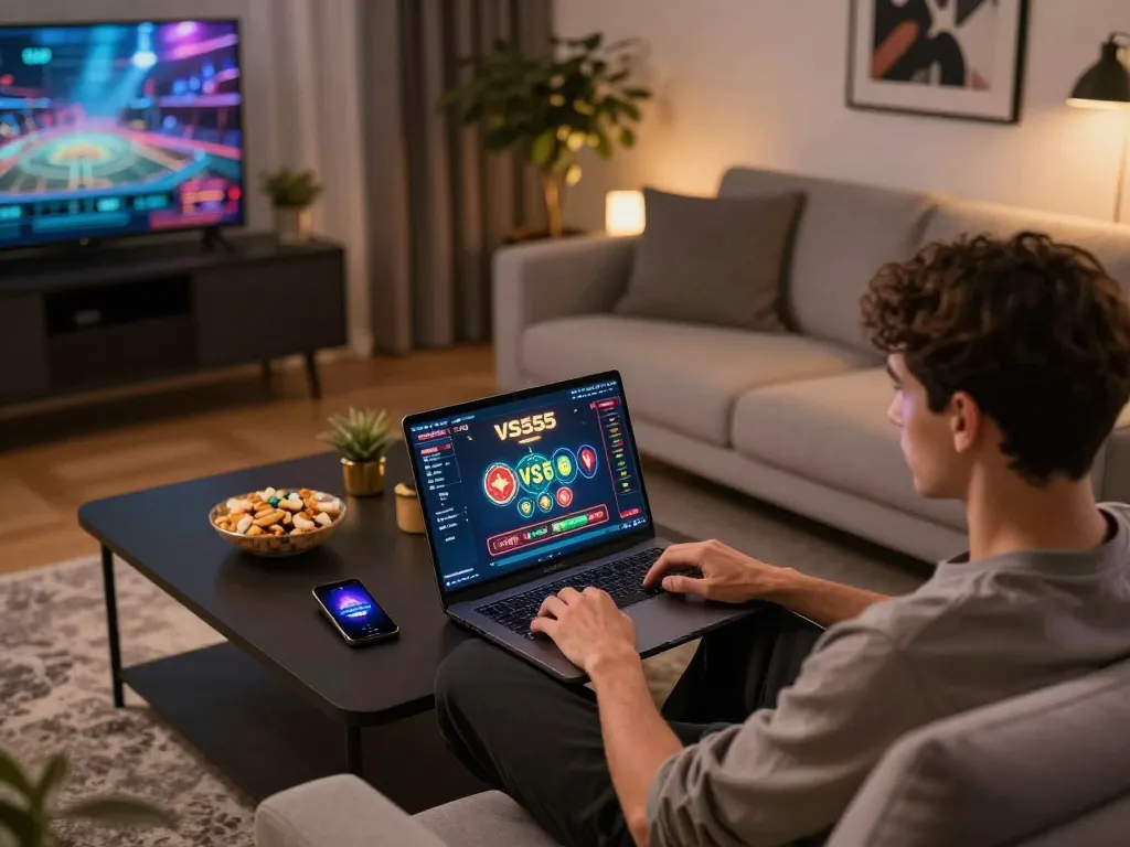 Engaging in online gameplay at VS555, showcasing a modern home gaming setup with laptop and smartphone