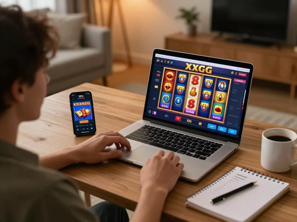 Player enjoying online gaming on XXGG platform with laptop in cozy home setting.