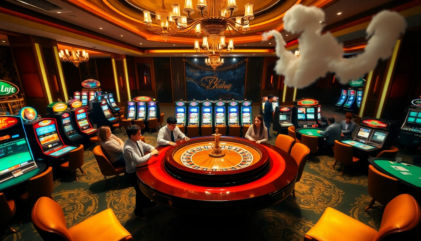 Experience Giải mã giấc mơ at a luxurious casino, featuring roulette and slot machines.