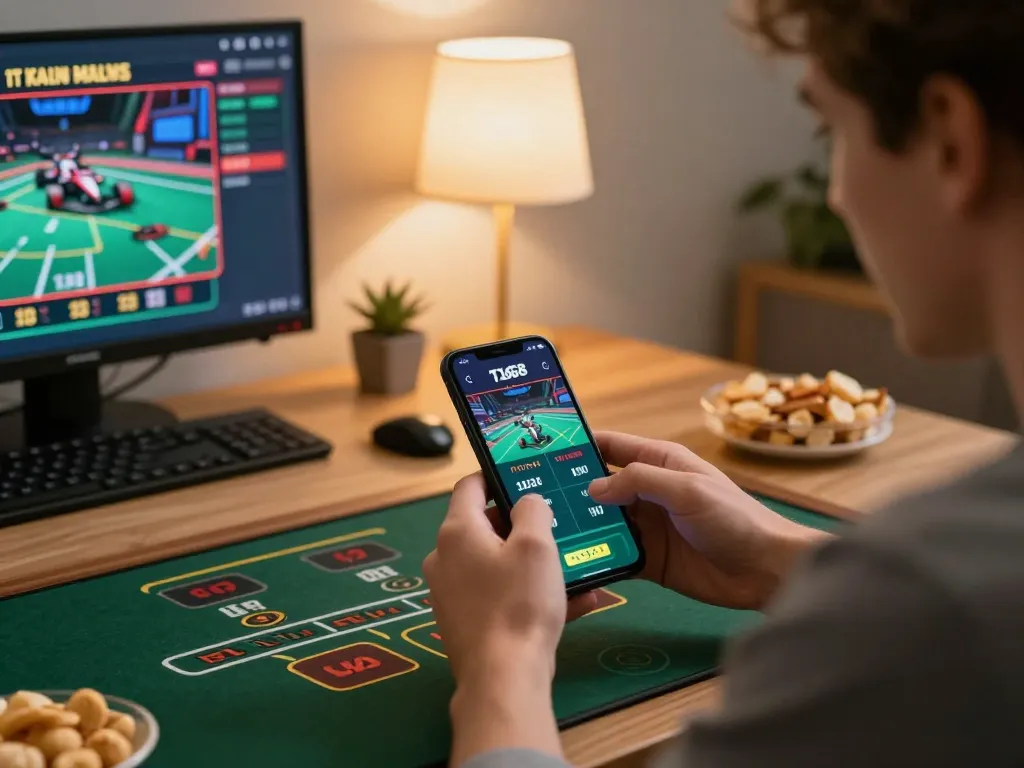 Engaging scene of a player using the F168 app for live blackjack in a cozy home office setting.