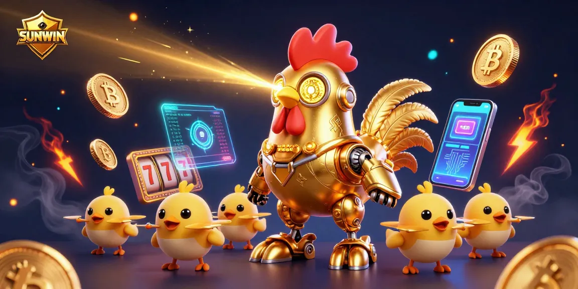 Engage in thrilling gameplay at SUNWIN with golden rooster robots and dazzling cryptocurrency elements.