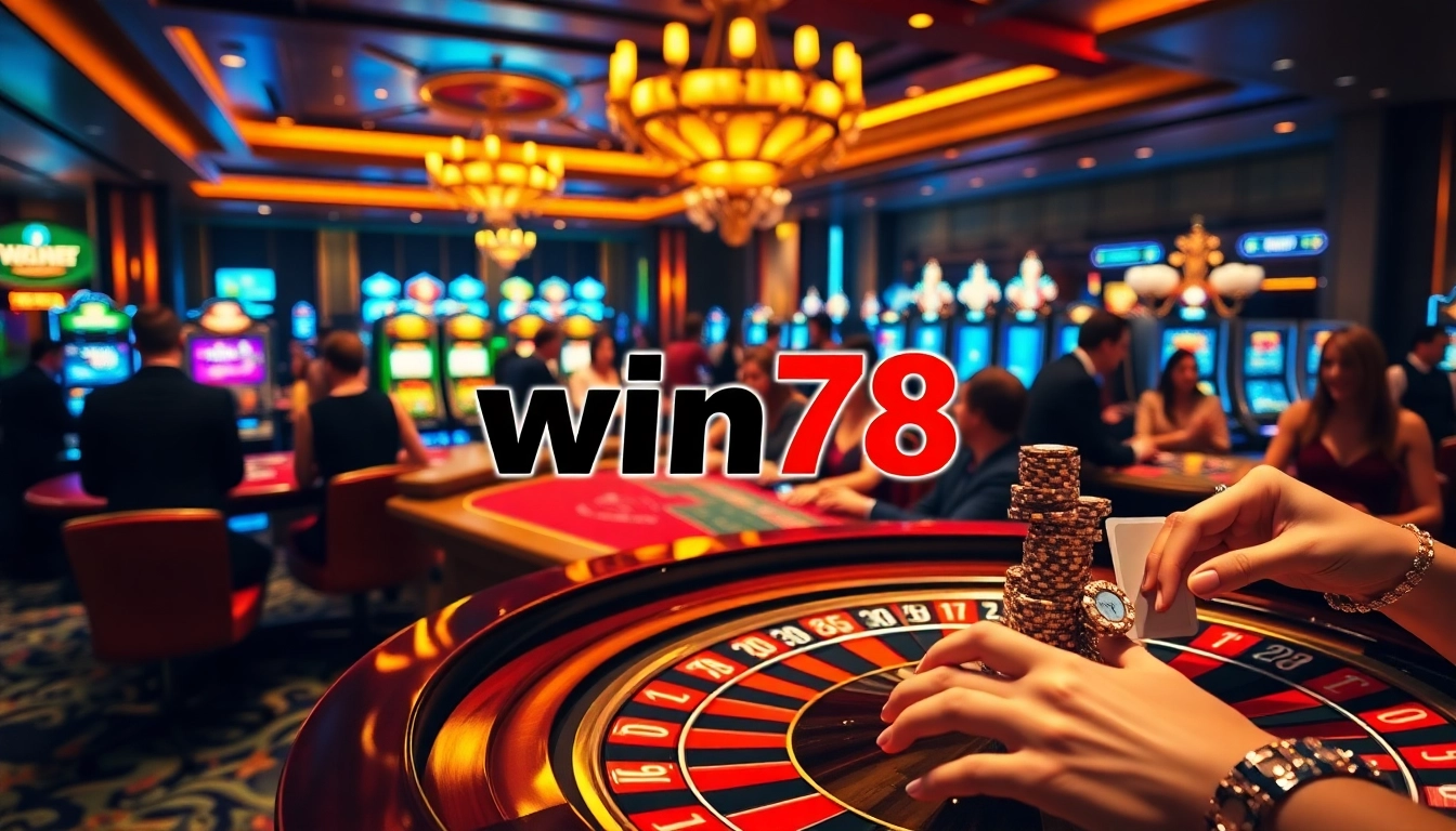 Players enjoying a thrilling game at win78's luxurious casino, showcasing vibrant gaming tables and roulette.