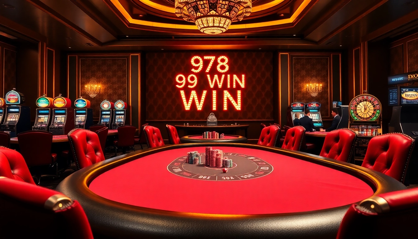 Experience the excitement of 98 WIN in a luxurious casino setting filled with poker tables and slot machines.
