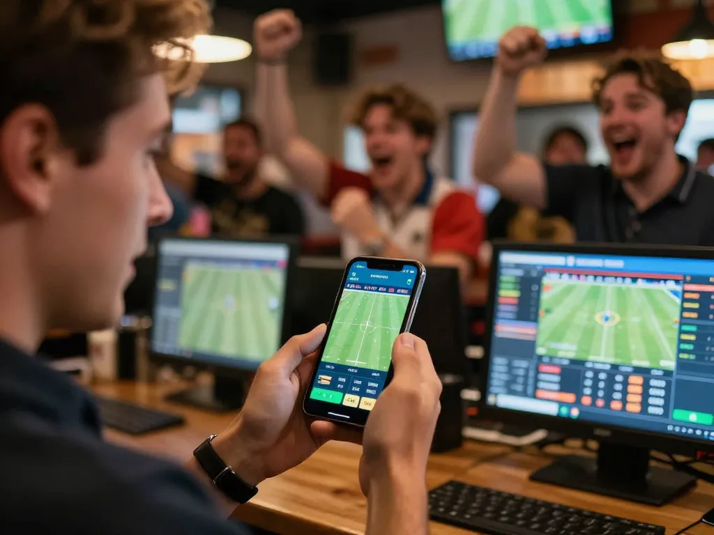 Sport gambler placing a bet via smartphone app, viewing ty le keo nha cai on screen during game.