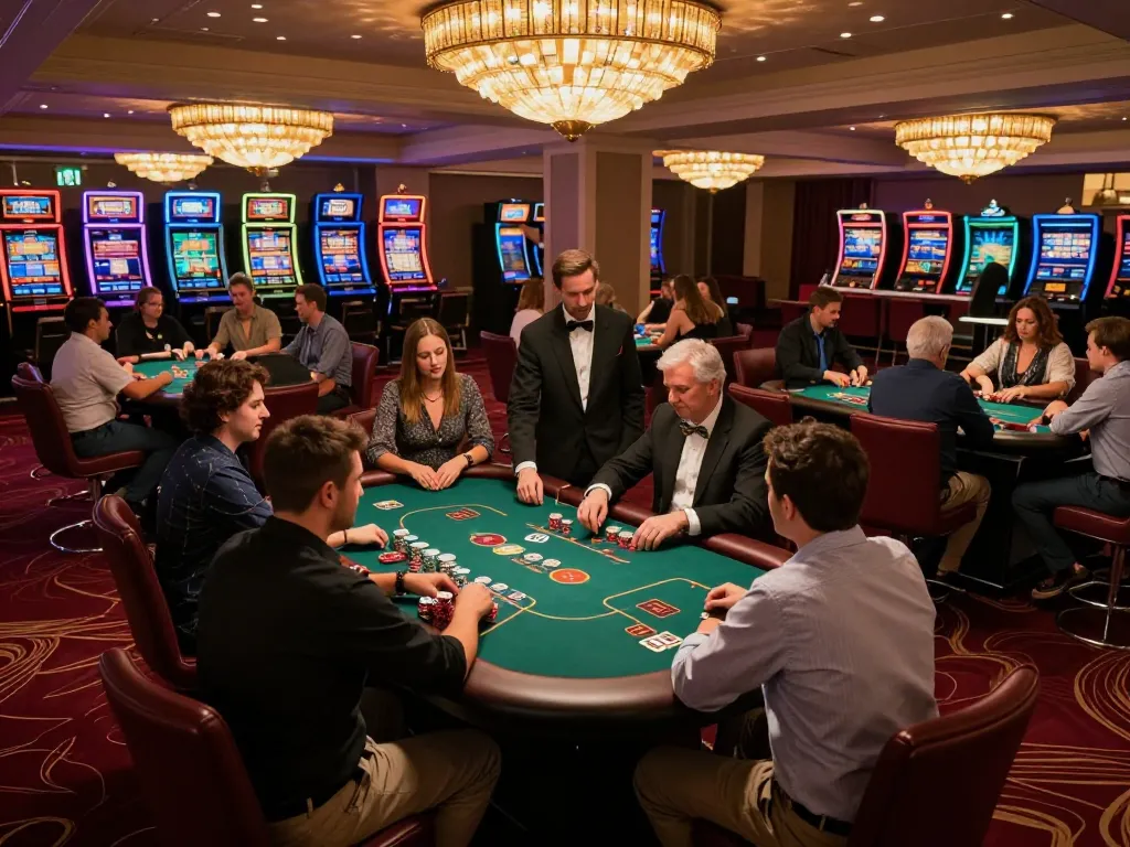 O8 players strategizing and betting at poker tables in a vibrant casino.