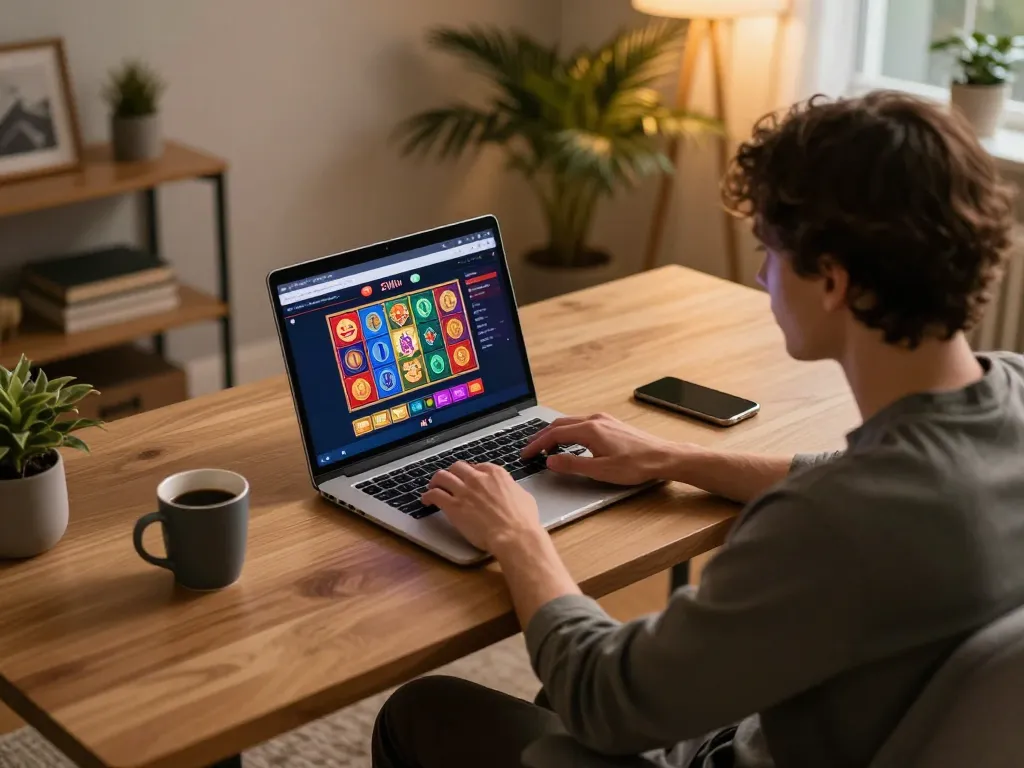 Player enjoying an exciting gaming experience at 23Win, engaging with vibrant slot games on a laptop in a cozy home setting