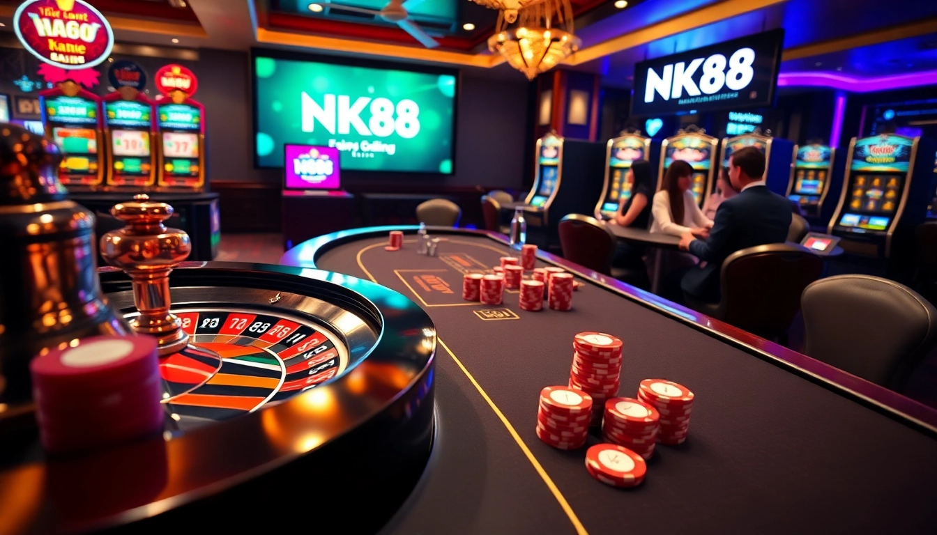 Experience thrilling casino action at https://nk88top.com/ with poker chips and roulette wheel in a luxury setting.