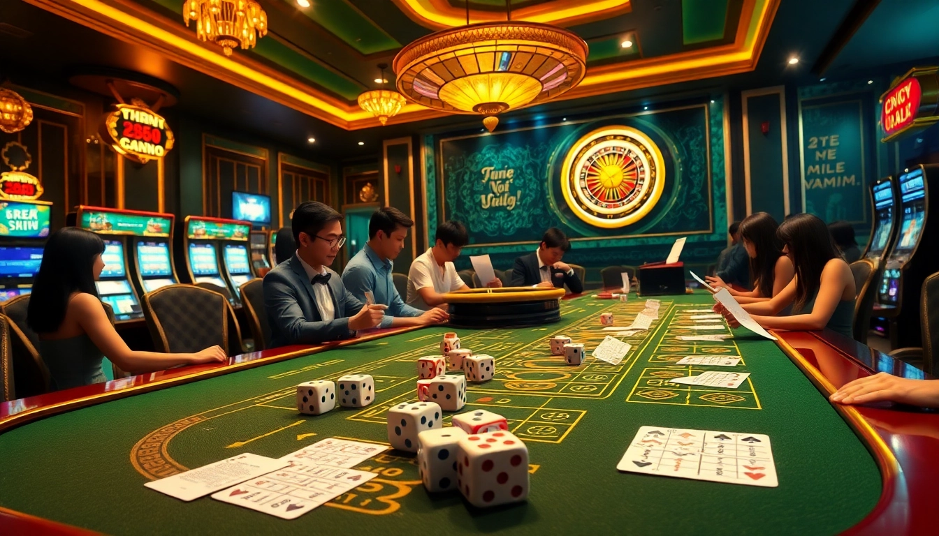 Tài Xỉu MD5 gaming table filled with dice and betting slips, highlighting an exciting casino atmosphere.