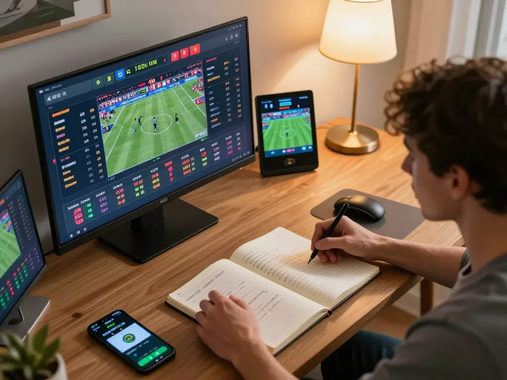 Engaged player using strategic strategies for Lô Đề betting on multiple screens during a home session.