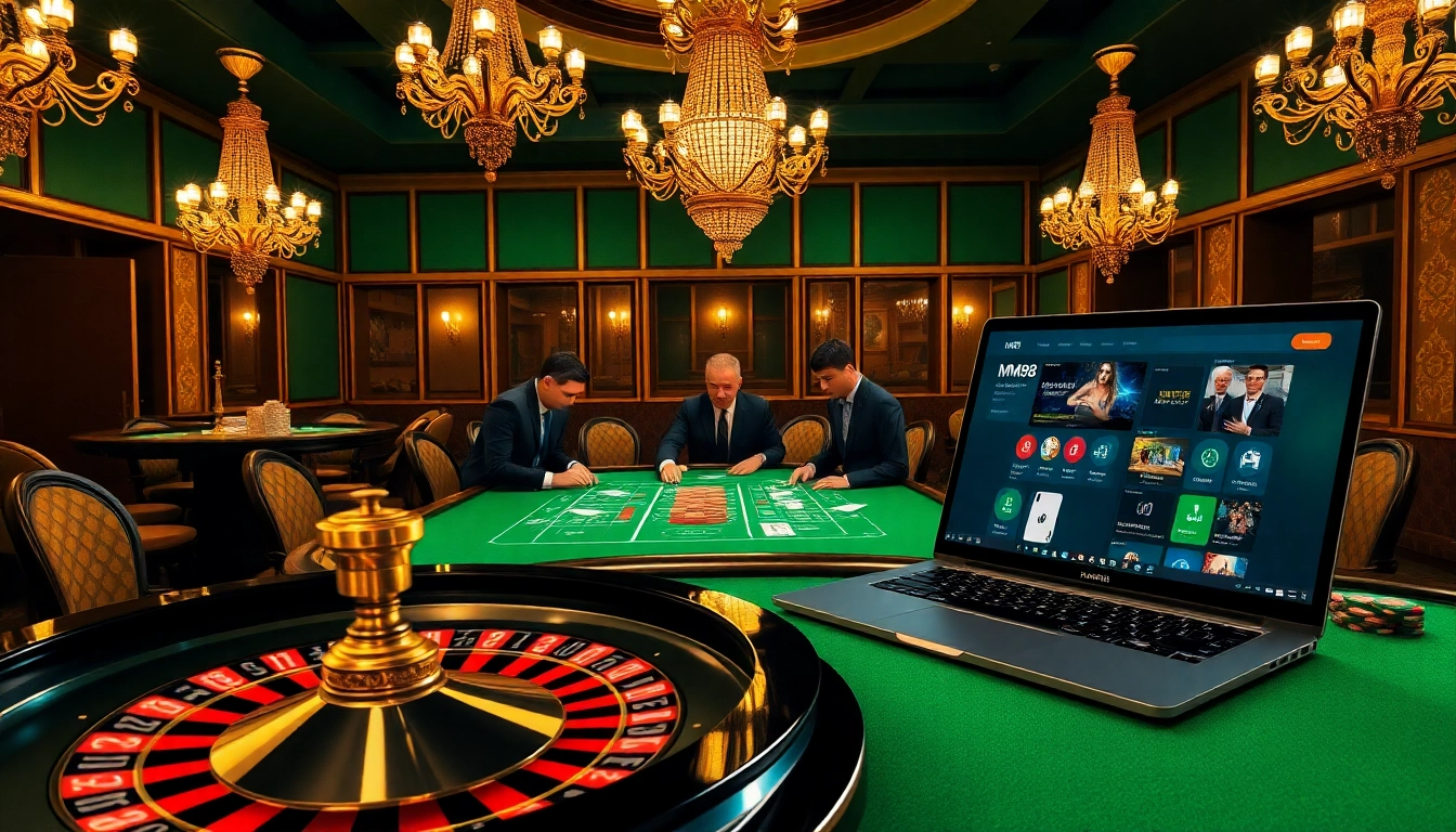 Experience thrilling gameplay at MM88 featuring a vibrant poker table amidst an elegant casino setting.