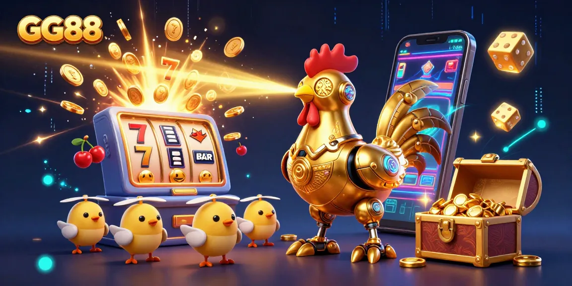 Experience the excitement of GG88 with a vibrant casino illustration featuring a golden rooster robot and lavish jackpots.