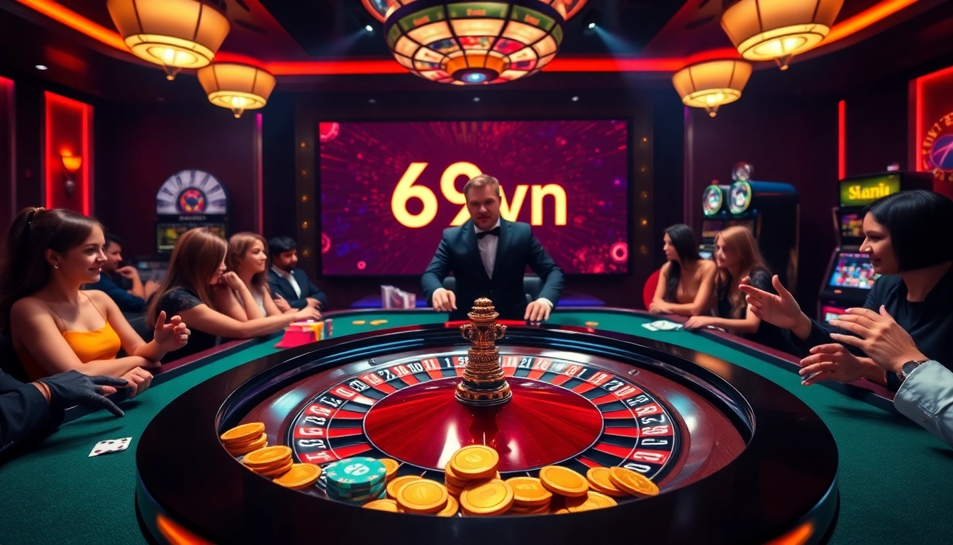 Players enjoying the excitement of 69vn at a glamorous casino table, surrounded by poker chips.