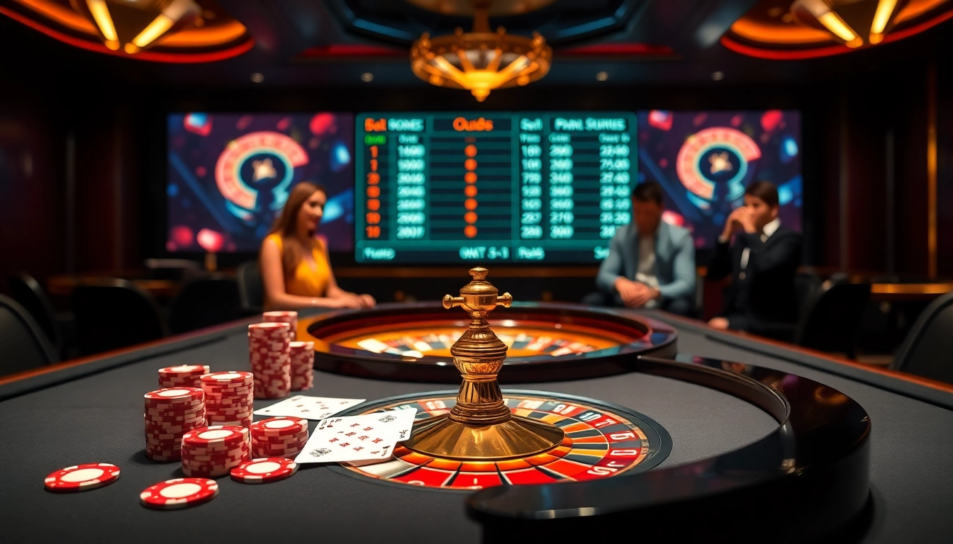 Kèo nhà cái 5 betting scene with vibrant poker chips and a stylish roulette wheel, capturing excitement.
