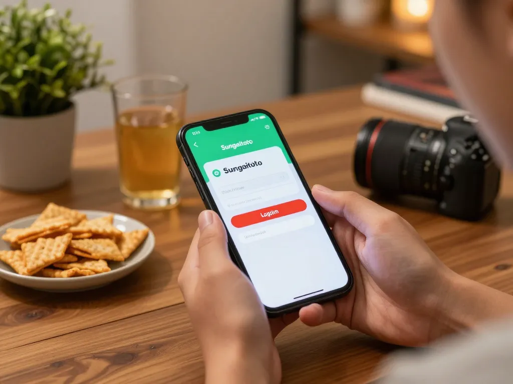 sungaitoto login on smartphone during a cozy home gaming session while enjoying snacks.