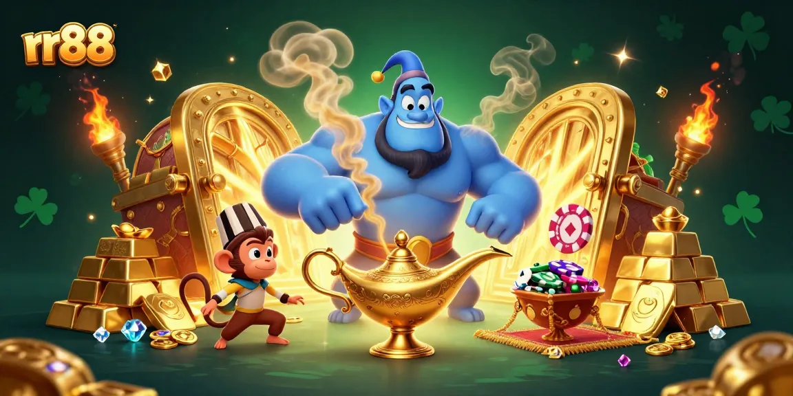 Experience thrilling gameplay with rr88 featuring a blue genie, treasure, and poker chips in epic casino illustration.