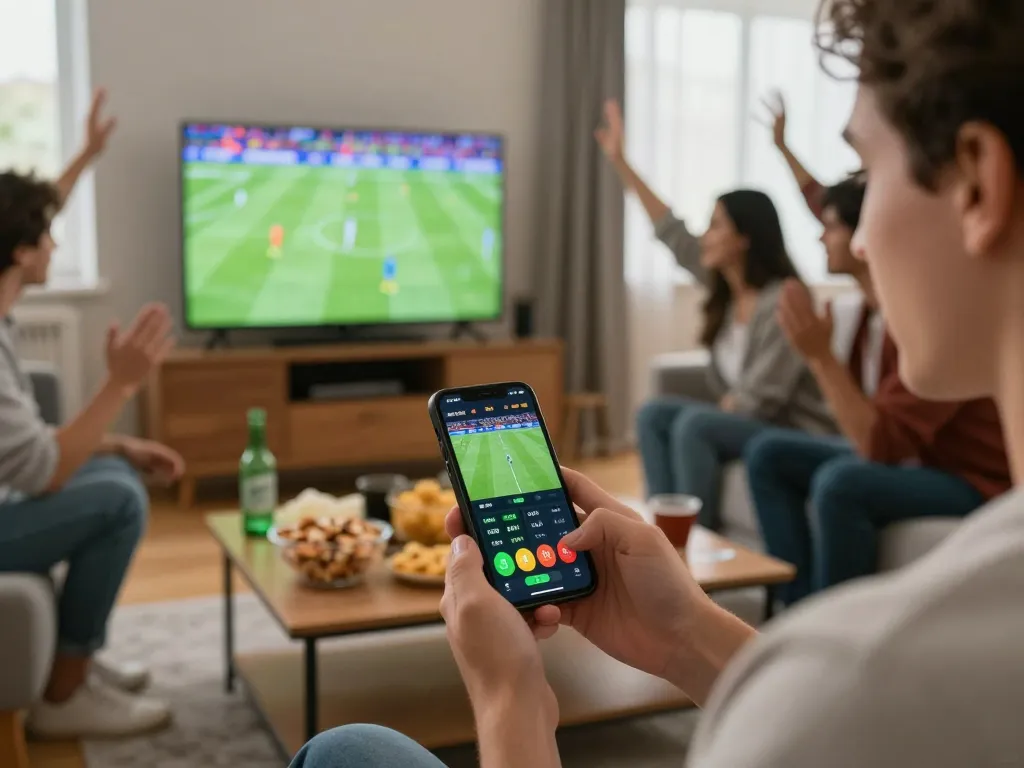 Nagabola betting scene capturing the excitement of placing a wager on a live soccer game with friends.
