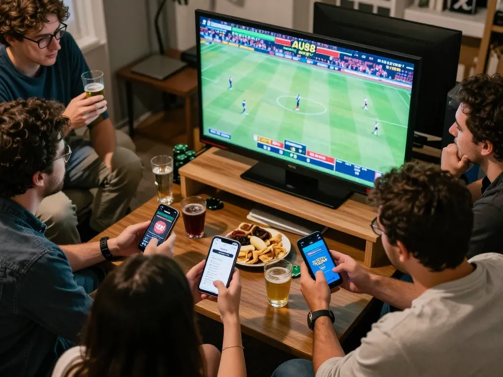 Enthusiasts placing bets on AU88's app during live sports, showcasing dynamic interaction and excitement.
