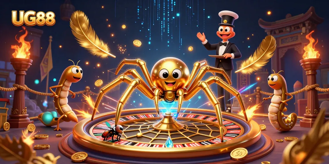Experience the thrilling bets at UG88 with a golden spider spinning a roulette web in a vibrant casino.