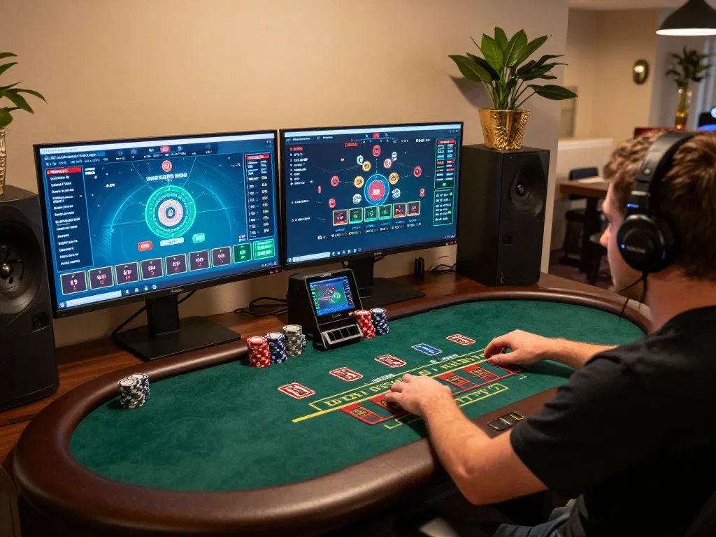 MMOO online gaming setup showcasing a player engaged in live blackjack with dual monitors, capturing strategic betting moments