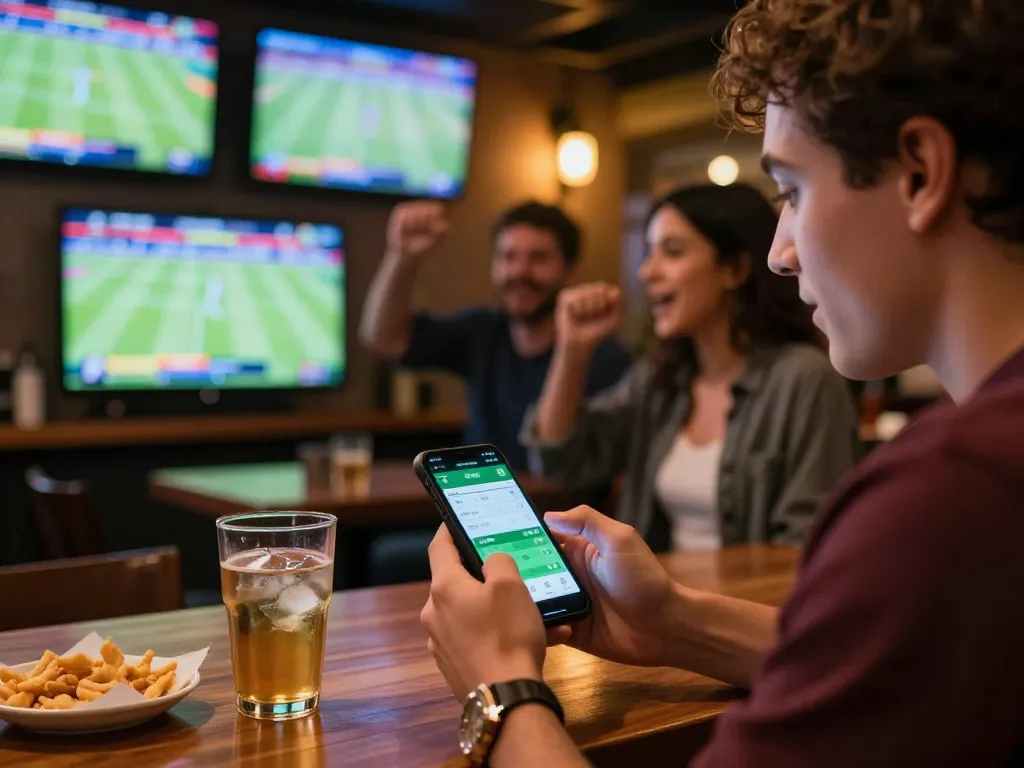 Engaging sports betting moment at sunwin, showcasing a bettor using a phone to track live odds in a bustling sports bar.