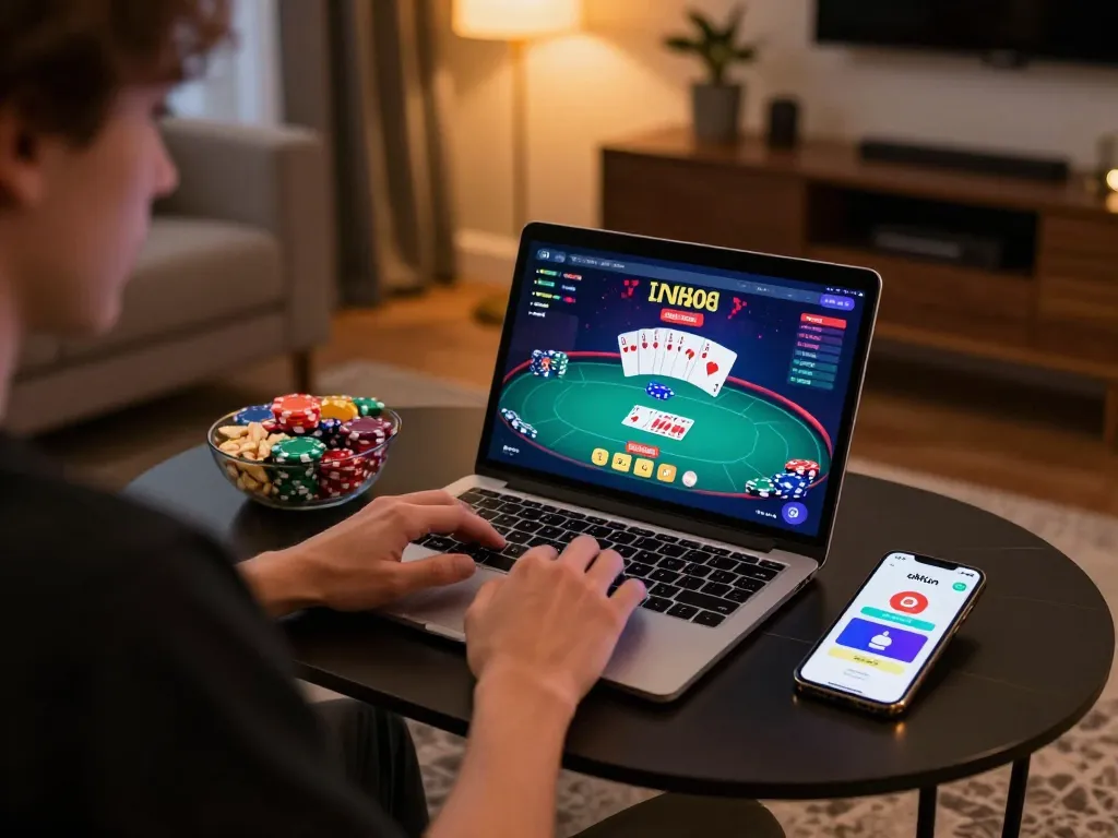 Engaging in an online poker game with the okfun platform in a warm, stylish home setting.