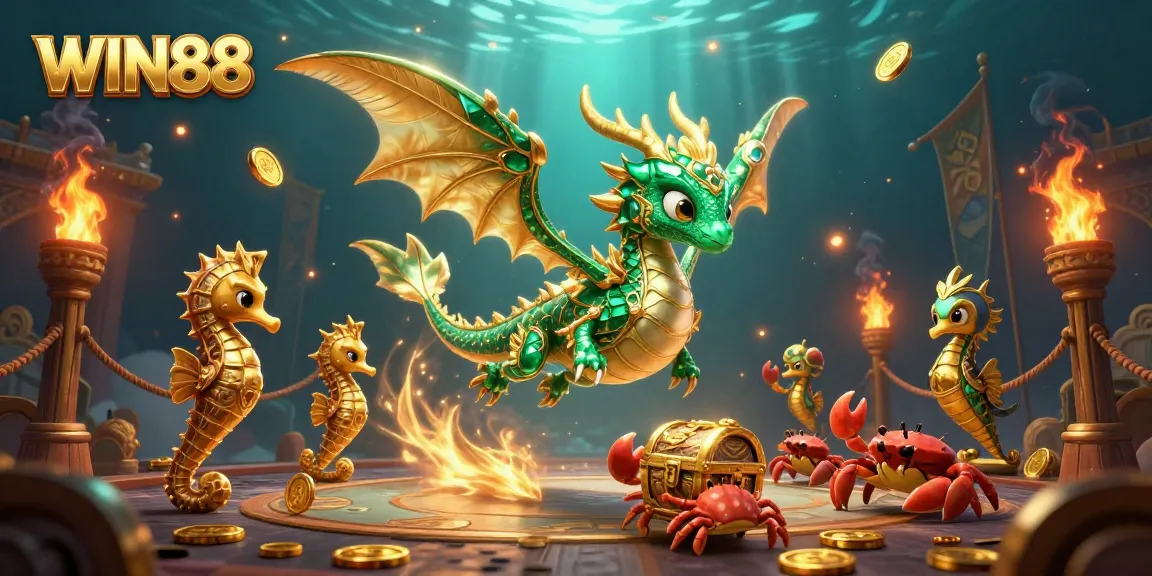 Experience the thrilling adventures of WIN88 with a sea dragon and treasure hunting in a vibrant casino setting.