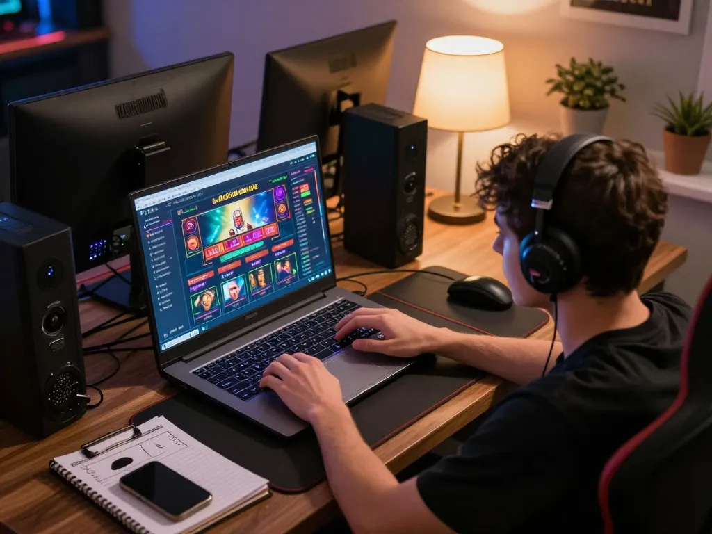 Player enjoying lv88 online casino on laptop with gaming strategies and accessories