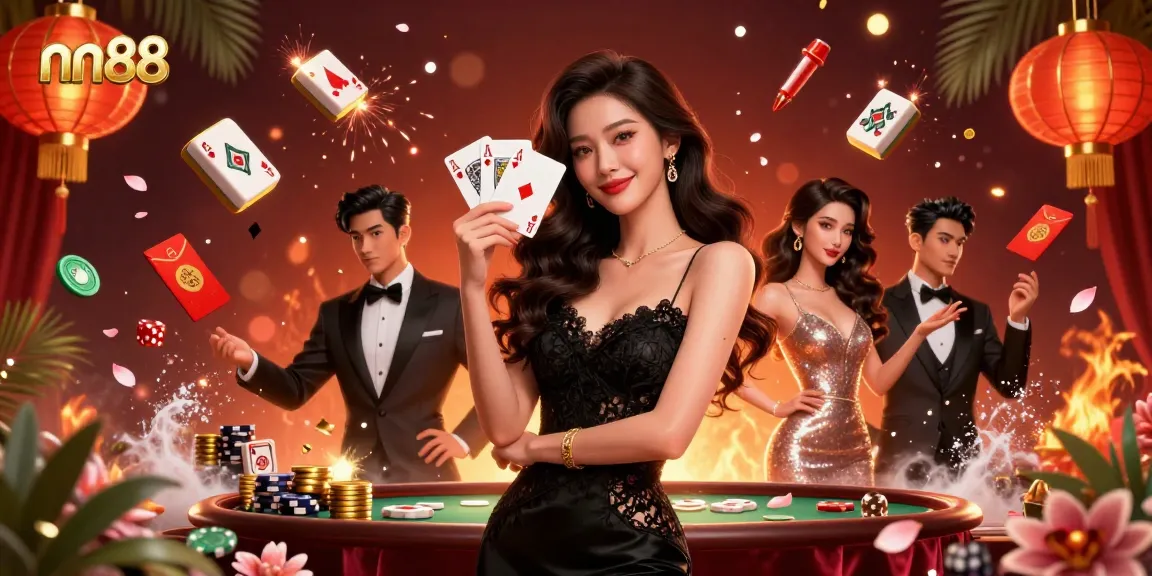 Experience excitement at nn88 with a stunning Asian woman holding playing cards surrounded by dazzling casino elements.