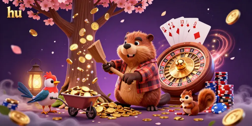 Experience the excitement of casino games with the hu-themed beaver, bird, and squirrel surrounded by coins and roulette.