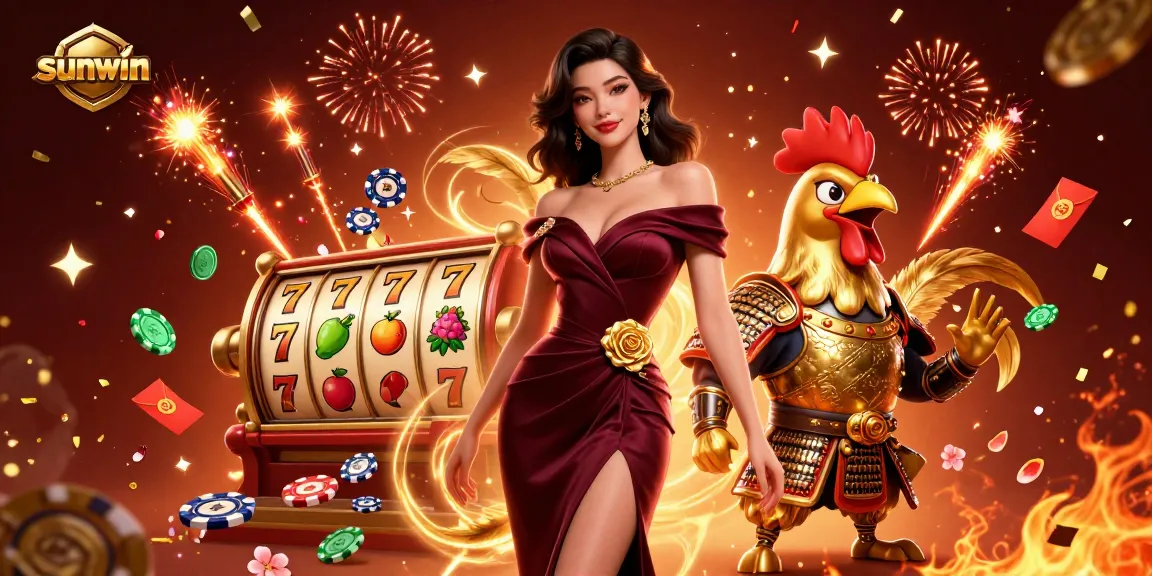 Engage in thrilling slots action at sunwin, featuring vibrant designs of reels and poker chips.