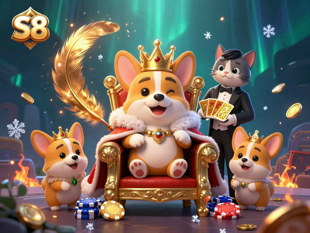 S8 showcases a lively royal corgi casino scene with colorful tokens and dynamic gambling elements.