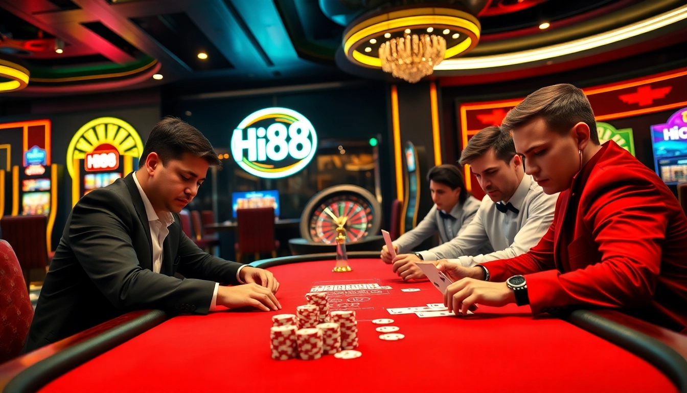Players engaged in high-stakes poker at Hi88 Casino, showcasing excitement and strategy.