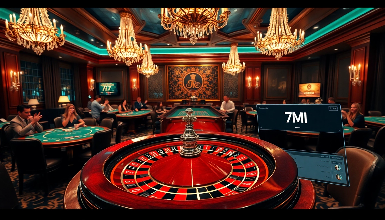 Engaging scene of a luxurious casino focusing on the excitement around the "7M" roulette game.