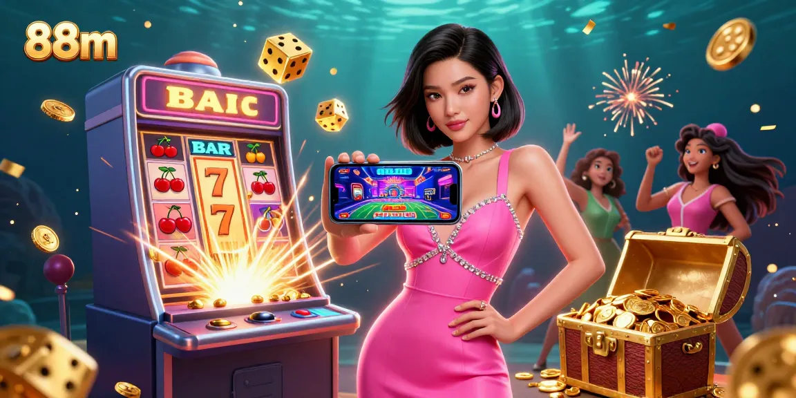 Engage with 88m in a high-energy casino scene featuring a stunning Asian woman and vibrant game elements.