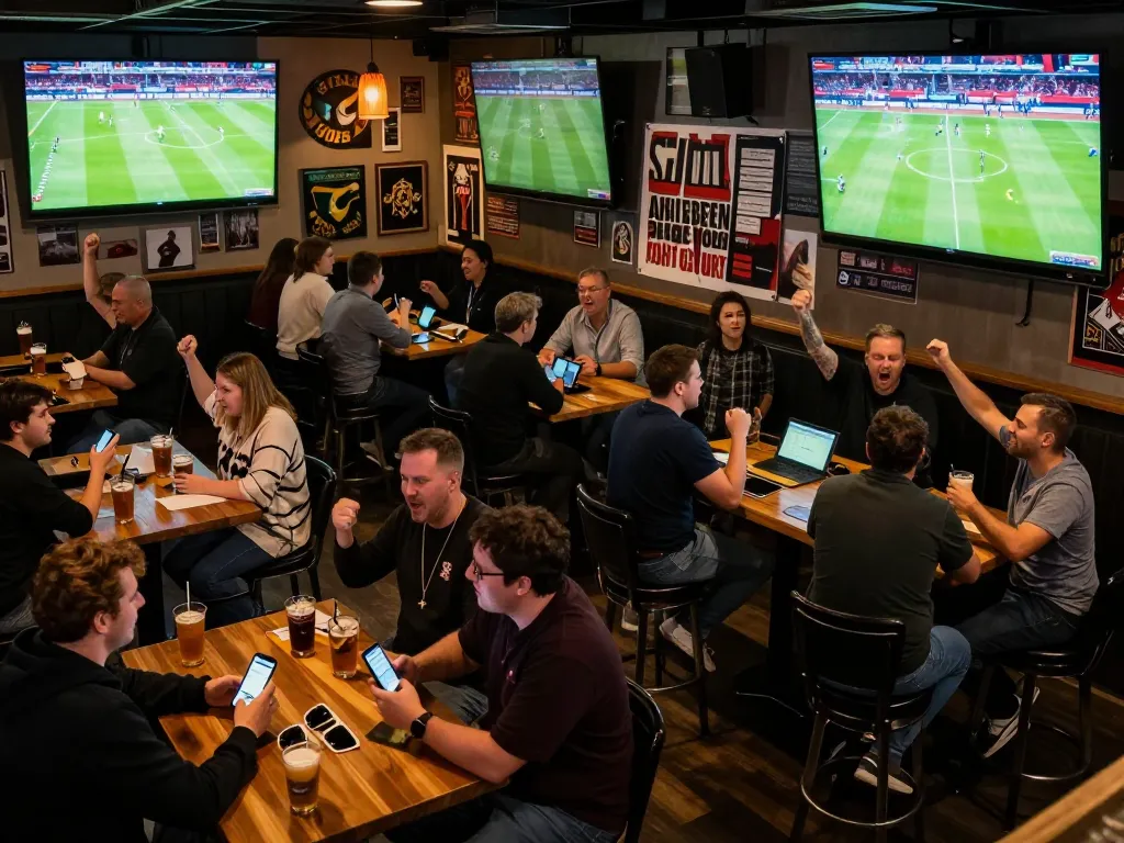 Cakhia fans placing bets and enjoying games in a lively sports bar atmosphere.