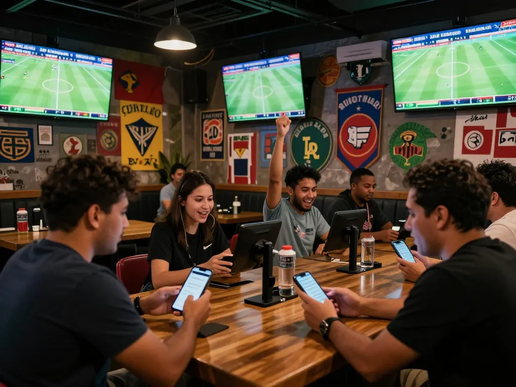 Patrons engaging in dynamic sports betting using the keonhacai5 app in a lively sports bar