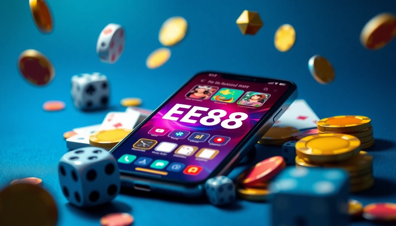Tải app ee88 on a smartphone surrounded by vibrant gaming elements, showcasing its 3D interface.