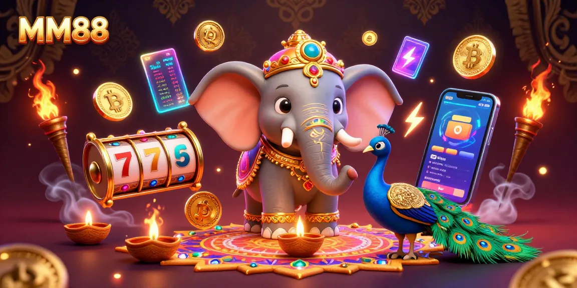 Experience MM88 excitement with a vibrant casino scene featuring a Diwali elephant, peacock, and dynamic game elements.