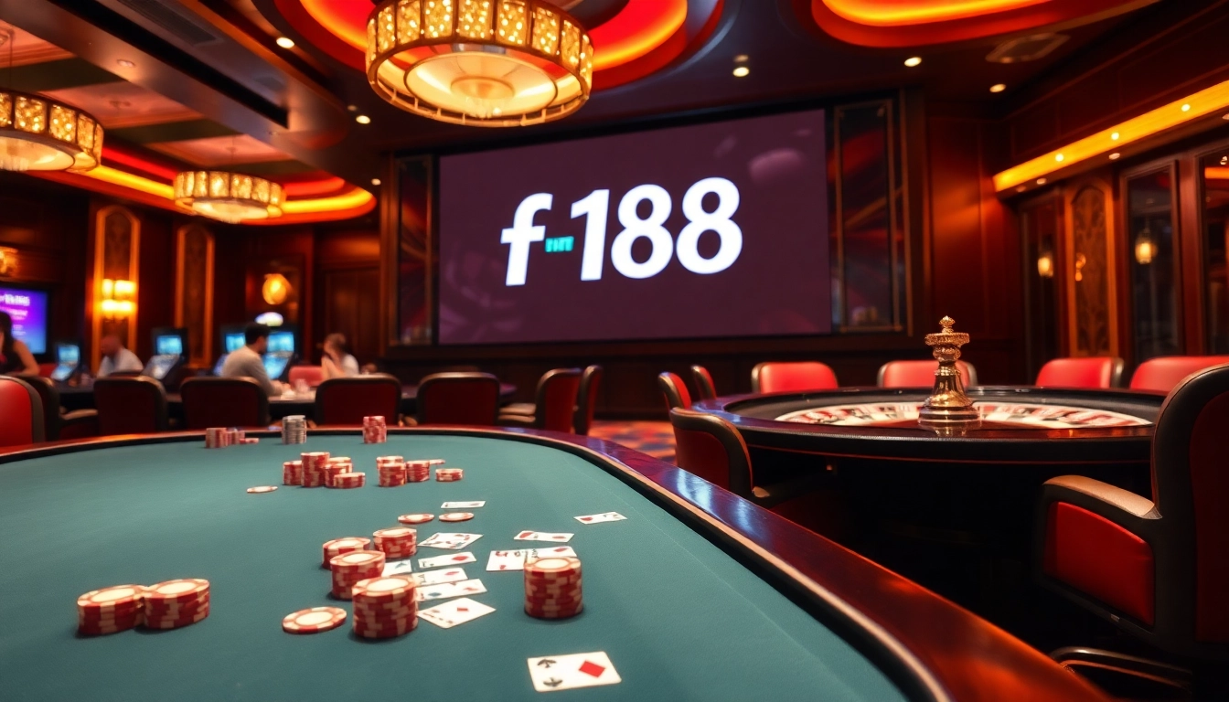 Engaged gamblers playing poker and roulette at f168, showcasing excitement and luxury.