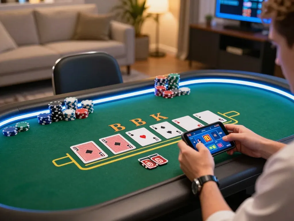 Playing Blackjack on 789win mobile app in a cozy home setting with vibrant lighting.