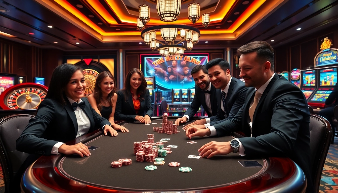 Players engaging in a thrilling poker game at 98Win casino, showcasing excitement and strategy.