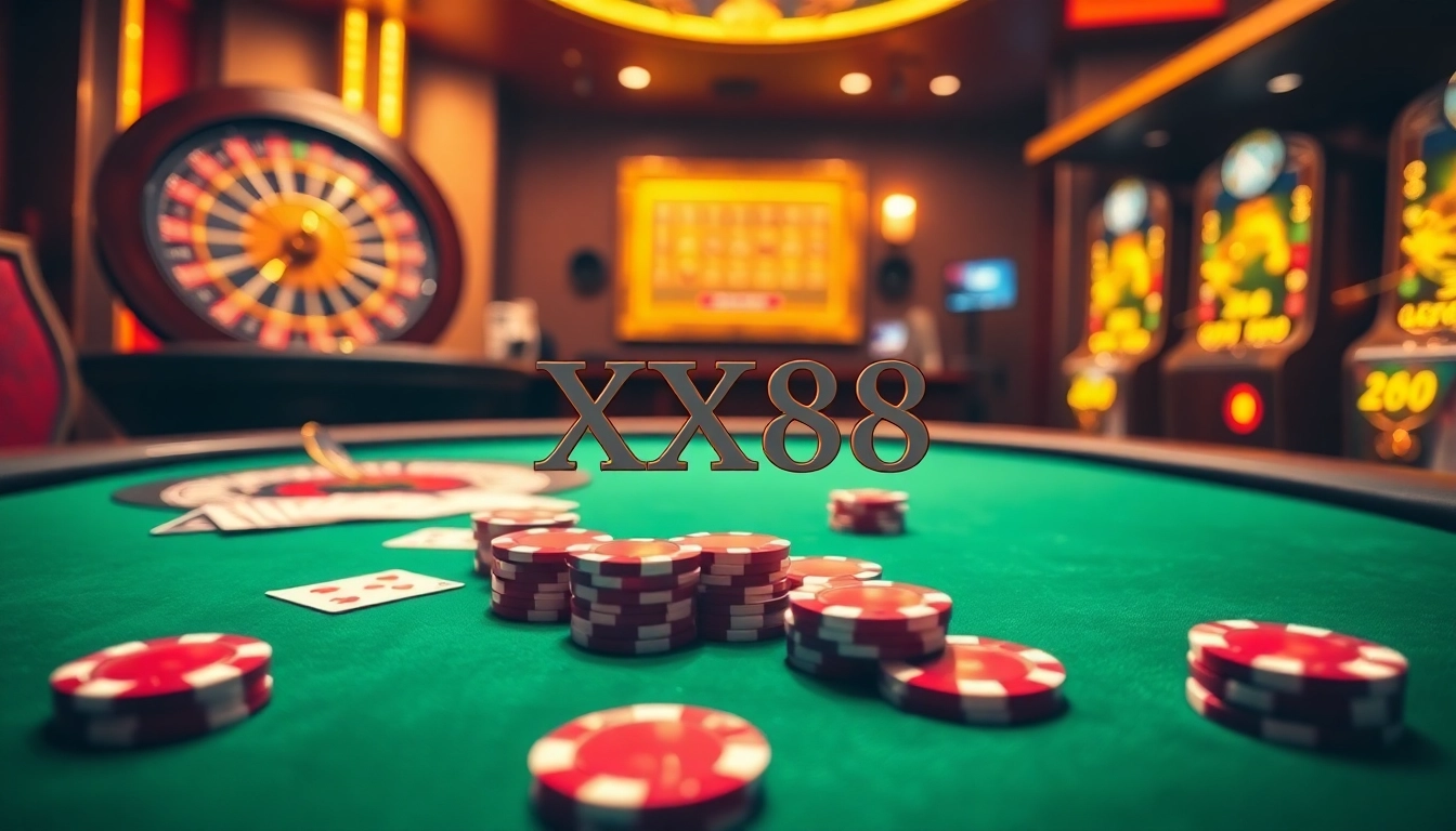 Exciting scene at XX88 casino with roulette wheel and poker table for thrilling gambling experiences.
