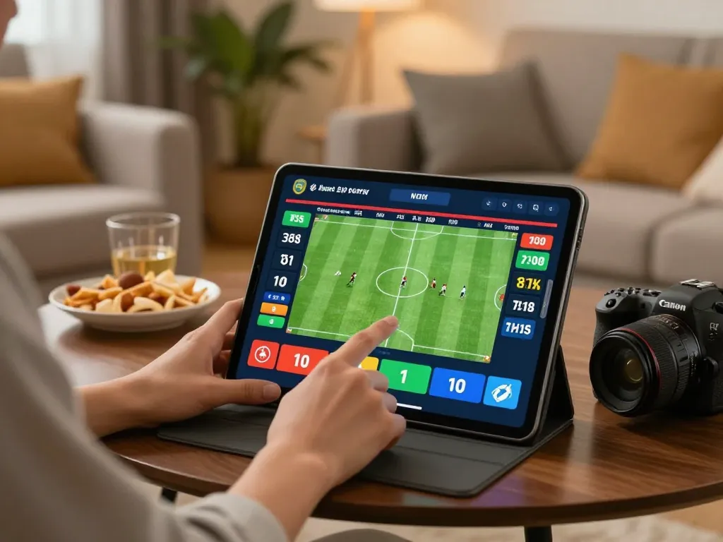 Engaged player using keonhacai app for placing sports bets in a cozy living room setting.
