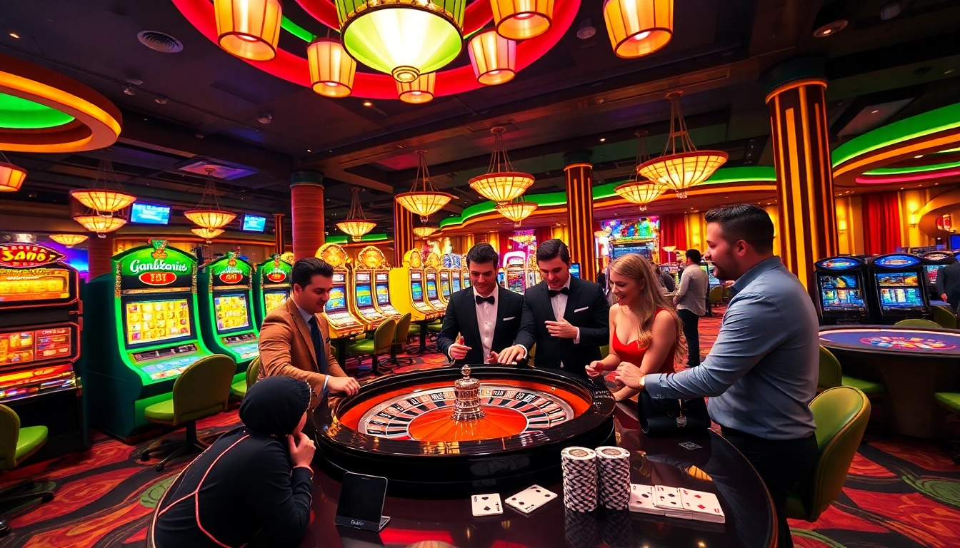 Experience the thrill of gambling at alo789 with luxury casino tables and vibrant slot machines.