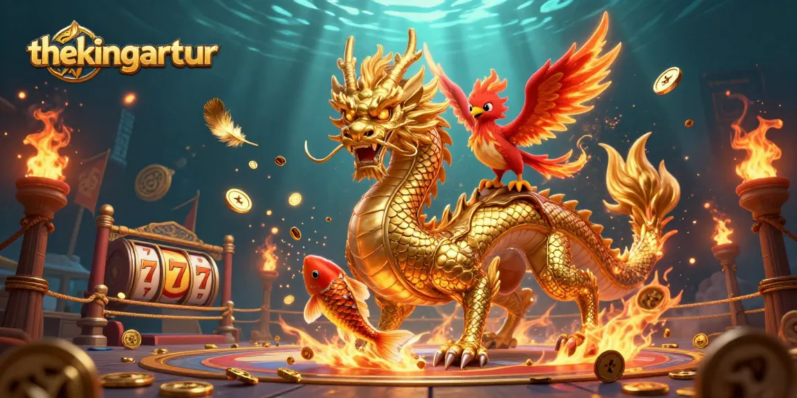 Thekingarthur showcases thrilling slots in a vibrant, 3D casino-themed scene featuring a golden dragon, phoenix, and koi fish.